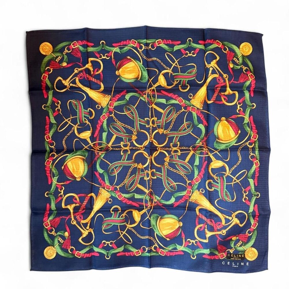Vintage Celine Paris Silk Scarf Navy Equestrian Horse Bit Pocket Square 18.5”